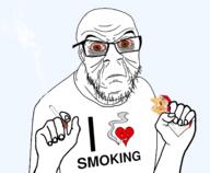 angry arm bloodshot_eyes brown_eyes cigarette ear frown glasses hand heart holding_object i_love smoking soyjak stubble text tired variant:feraljak wrinkles yellow_teeth // 1500x1238 // 598.9KB