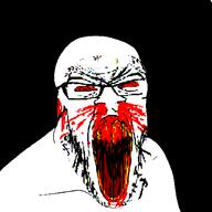 blood bloodshot_eyes cracked_teeth glasses nosebleed open_mouth red_eyes soyjak stubble subvariant:feralrage variant:feraljak // 1500x1500 // 337.6KB