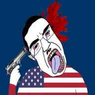 arm blood bloodshot_eyes clothes country crying ear flag glasses gun hand mustache open_mouth pistol soyjak subvariant:chudjak_front suicide tongue united_states variant:chudjak yellow_teeth // 1280x1280 // 101.2KB