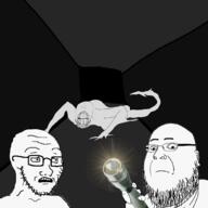 3soyjaks arm beard closed_mouth drawn_background fingerboy flashlight full_body glasses hand holding_object horror monster no_eyes scared soyjak stubble tail variant:fatjak variant:feraljak variant:soyak // 2000x2000 // 800.2KB