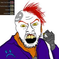 angry cigarette clothes holding_object mustache open_mouth randy_random red_hair rimworld smoking soyjak stubble text variant:feraljak video_game yellow_eyes // 729x728 // 270.2KB