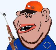 amerimutt brown_skin cap clothes ear european_union flag flag:european_union flag:transgender_pride_flag gun hat heart open_mouth red_hair rifle soyjak star_(symbol) stubble subvariant:impish_amerimutt transparent variant:impish_soyak_ears // 602x547 // 173.7KB