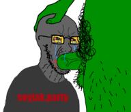 blood bloodshot_eyes blowjob crying frog glasses grey_skin pepe soot soot_colors soyjak soyjak_party stubble text variant:soyak // 1333x1142 // 158.7KB