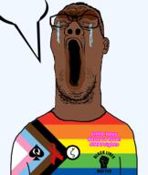 aids black_lives_matter brown_skin crying flag:progress_pride_flag gay_flag glasses lgbt map_(pedophile) open_mouth pedophile poop pride_flag progress_pride_flag queen_of_spades raised_fist_(symbol) soyjak spade speech_bubble speech_bubble_empty stubble text tranny variant:reaction_soyjak zoophile // 814x963 // 38.1KB