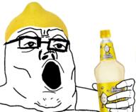 arm bottle food foodjak fruit glasses hand holding_bottle holding_object lemon lemonade open_mouth soyjak variant:tony_soprano_soyjak // 1200x990 // 421.9KB