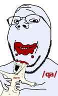 2soyjaks 4chan arm blood crying eating glasses hand holding_object qa_(4chan) smile soyjak stretched_mouth stubble subvariant:wholesome_soyjak variant:gapejak variant:soyak // 600x1000 // 75.3KB