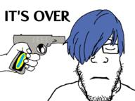 arm blue_hair closed_eyes closed_mouth firearm glasses gun hair hand holding_gun holding_object holding_pistol imminent_death its_over makoto_yuki megami_tensei persona persona_3 pistol smt soyjak stubble text variant:markiplier_soyjak video_game weapon // 1024x768 // 137.8KB