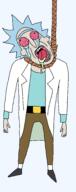 ack adult_swim arm bloodshot_eyes blue_hair cartoon clothes crying full_body hand hanging leg open_mouth rick_and_morty rick_sanchez rope suicide tongue variant:bernd // 1074x2709 // 99.7KB