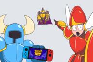 armor meta:not_a_soyjak nintendo nintendo_switch open_mouth pointing shovel_knight soy_parody variant:two_pointing_soyjaks video_game // 900x604 // 302.5KB