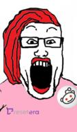 clothes female feminist glasses hair open_mouth red_hair reddit resetera sjw soyjak variant:markiplier_soyjak // 494x837 // 322.3KB