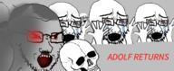 adolf_hitler angry arm bloodshot_eyes crying fal glasses glowing_eyes hair hand hands_up multiple_soyjaks mustache nazism open_mouth skeleton skull soyjak stubble text variant:cryboy_soyjak variant:soyak // 1239x510 // 531.1KB