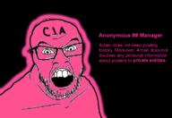 4chan angry central_intelligence_agency glasses glowie glowing manager open_mouth pink pink_skin qa_(4chan) soyjak stubble text variant:feraljak // 800x552 // 333.7KB