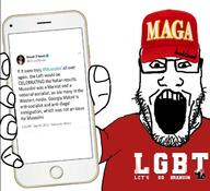 arm baseball_cap benito_mussolini cap clothes communism donald_trump georgia_meloni glasses hat holding_object holding_phone iphone italy lets_go_brandon lgbt maga maga_hat nazism open_mouth phone red_hat soyjak stubble subvariant:phoneplier subvariant:phoneplier_vertical text tshirt variant:markiplier_soyjak // 1280x1167 // 133.7KB