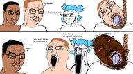 4chan anime based black_skin blood bloodshot_eyes blue_eyes blue_hair brown_eyes brown_skin closed_mouth comic crying dead deformed glasses hair int_(4chan) multiple_soyjaks mustache open_mouth rope smile smirk smug soyjak stubble suicide text twitter variant:bernd variant:chudjak variant:soyak white_skin yotsoyba // 1600x900 // 458.0KB