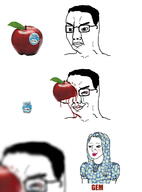 3soyjaks alternate angry apple blood bloodshot_eyes blur closed_mouth clothes comic crying female food fruit fruit_label gem glasses gore groomer hair makeup meme missing_eye nonsense schizophrenia smug soyjak trad_wife variant:chudjak wojak // 960x1300 // 145.5KB