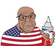 amerimutt bloodshot_eyes brown_eyes brown_skin fat flag food glasses goy goyslop hand holding_object soyjak stubble text united_states variant:feraljak wrinkles // 1408x1178 // 311.1KB