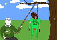 2soyjaks 4chan antenna apu belt bloodshot_eyes buff clothes crying flag frenschan frog full_body hanging holding_object holding_rope logo lynching mustache pepe rope soyjak subvariant:wholesome_soyjak tranny tree variant:bernd variant:gapejak // 2100x1500 // 261.3KB