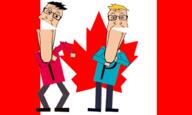 2soyjaks canada cartoon clothes dance flag flag:canada full_body glasses hair open_mouth south_park soyjak terrance_and_phillip text variant:markiplier_soyjak yellow_hair // 2000x1200 // 210.6KB