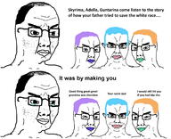 balding blue_hair chudjak_brothers closed_mouth comic crying ear father glasses hair old orange_hair purple_hair smirk soyjak text tranny variant:chudjak // 1812x1470 // 455.8KB