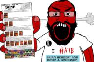 angry arm badge balding beard book brian_herbert clothes dune fume glasses hair hand holding_object i_hate kevin_anderson lit_(4chan) open_mouth phone red_skin soyjak subvariant:science_lover text tshirt variant:markiplier_soyjak // 1151x760 // 645.0KB