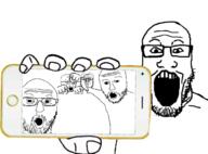 5soyjaks glasses hand holding_object holding_phone iphone open_mouth phone pointing soyjak stubble subvariant:phoneplier subvariant:phoneplier_horizontal variant:a24_slowburn_soyjak variant:markiplier_soyjak variant:soyak variant:two_pointing_soyjaks // 680x504 // 203.7KB