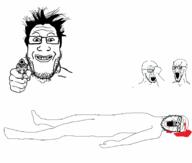 4soyjaks arm blood bloodshot_eyes crying dead full_body glasses gun hair hand murder mustache open_mouth revolver smile soyjak stubble variant:a24_slowburn_soyjak variant:markiplier_soyjak variant:soyak x_eyes // 1735x1474 // 80.0KB