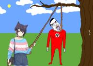 arm clothes grass hair hand hanging holding_object holding_rope leg lynching nazism purple_eyes rope stubble swastika tranny transgender_flag tree variant:chudjak // 2100x1500 // 889.1KB