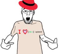 clothes ear glasses i_heart_nigger linux open_mouth pointing red_hat soyjak stubble systemd tranny variant:shirtjak // 618x559 // 77.1KB