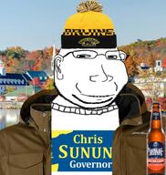 beanie beer bottle bruins chris_sununu clothes ear eyelids hat irl_background jacket lager new_england new_hampshire no_eyebrows politics sky small_eyes smile soyjak stubble subvariant:massjak subvariant:wholesome_soyjak text tree tshirt variant:gapejak water // 1121x1182 // 223.0KB