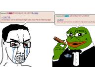 bloodshot_eyes cigar clenched_teeth clothes crying frog hair necktie pepe pol_(4chan) soyjak speech_bubble text tuxedo variant:chudjak // 680x477 // 161.1KB