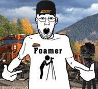 clothes foamer glasses irl_background open_mouth pointing soyjak stubble train tshirt variant:shirtjak // 618x559 // 478.2KB