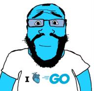 balding beard blue_skin calm closed_mouth clothes glasses golang hair i_love programming smile soyjak subvariant:science_lover tshirt variant:markiplier_soyjak // 816x785 // 116.7KB