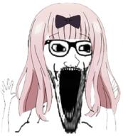 anime arm beard chika_fujiwara eyes_popping glasses hand hands_up kaguya_sama_love_is_war open_mouth pink_hair soyjak stubble subvariant:wewjak variant:soyak // 637x705 // 401.7KB