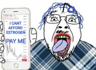 antenna arm blue_hair chainlink cryptocurrency glasses hair hand holding_object holding_phone iphone mustache open_mouth phone soyjak stubble text tongue tranny variant:bernd yellow_teeth // 758x556 // 538.4KB