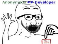 4chan animated arm button developer excited glasses hand hands_up make_board open_mouth shaking soyjak stubble text variant:excited_soyjak // 417x317 // 40.9KB