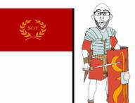 armor clothes ear flag full_body glasses holding_object holding_sword meta:tagme open_mouth rome shield soyjak stubble sword variant:gapejak variant:nojak weapon // 701x533 // 146.2KB