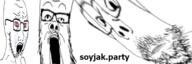 banner crying distorted glasses open_mouth red_eyes soyjak soyjak_party stubble subvariant:scholar text variant:a24_slowburn_soyjak variant:gapejak variant:soyak // 600x200 // 93.3KB