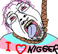 bloodshot_eyes crying flag glasses hair hanging i_heart_nigger i_love mustache nigger open_mouth purple_hair rope soyjak stubble suicide text tired tongue tranny variant:bernd yellow_teeth // 768x719 // 368.2KB