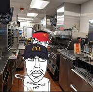 2soyjaks animal arm cap cat closed_mouth clothes fox french_fries glasses gregory hair hand hat holding_object irl_background mcdonalds millions_must_die night_in_the_woods soyjak subvariant:chudjak_front text uniform variant:chudjak video_game wagie // 1080x1071 // 177.1KB