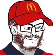 beard brown_hair cap closed_mouth clothes ear glasses hair hat logo mcdonalds smile soyjak uniform variant:nujak // 723x757 // 331.6KB