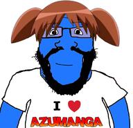 anime azumanga_daioh beard blue blue_skin calm closed_mouth clothes glasses hair heart i_love love mihama_chiyo pigtails smile subvariant:science_lover text tshirt variant:markiplier_soyjak // 816x785 // 302.8KB