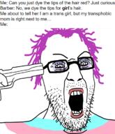 flag glasses gun open_mouth purple_hair soyjak stubble text tranny variant:peakyjak // 653x762 // 165.9KB