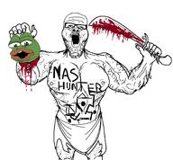 animal_abuse arm blood buff chest_hair decapitation frog glasses gore green_skin hairy holding_object holding_severed_head holding_sword leg nas_hunter open_mouth pepe severed_head soyjak stubble sword tattoo variant:a24_slowburn_soyjak weapon // 1796x1662 // 146.1KB