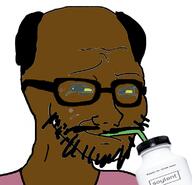 balding black_skin bottle clothes drinking drinking_soylent drinking_straw glasses hair plastic_bottle smile smug soy soyjak soylent soylent_(original) soylent_bottle stubble variant:wojak yellow_sclera // 777x750 // 116.4KB