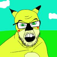 angry cloud drawn_background ear glasses green_eyes open_mouth pikachu pokemon sonichu soyjak stubble variant:feraljak // 1500x1500 // 130.2KB