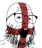 beard buck_teeth cross england flag glasses mustache open_mouth soyjak stubble variant:buckteeth_soyjak // 400x453 // 26.0KB