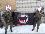 2soyjaks antifa camouflage closed_mouth clothes flag glasses hair mustache open_mouth png purple_hair russia russo_ukrainian_war smile soyjak stubble tongue tranny transparent variant:bernd variant:gapejak yellow_teeth z_(russian_symbol) // 640x476 // 164.0KB