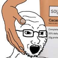 blacked bottle glasses hand holding_object open_mouth plastic_bottle soy soyjak soylent soylent_(cacao) soylent_bottle stubble variant:soyak // 350x350 // 55.4KB