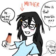 aged_up blush bottle clothes female glasses holding_bottle holding_soylent mother plastic_bottle scared soy soyjak soylent soylent_(cacao) soylent_bottle stubble text variant:soyak variant:soytan // 384x384 // 36.4KB