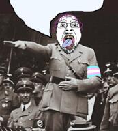 adolf_hitler glasses hair mustache nazi_salute nazism open_mouth purple_hair salute sieg_heil soyjak speech_bubble speech_bubble_empty stubble tongue tranny variant:bernd yellow_teeth // 900x1000 // 2.2MB